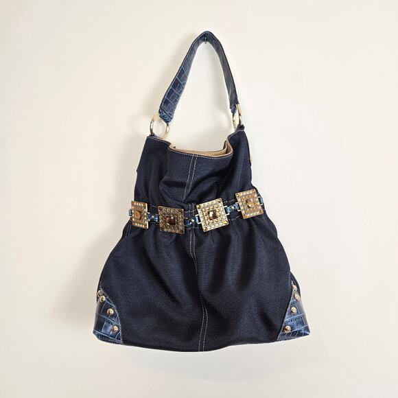Kathy Van Zeeland Embellished Croc Shoulder Bag Navy - Picture 3 of 11